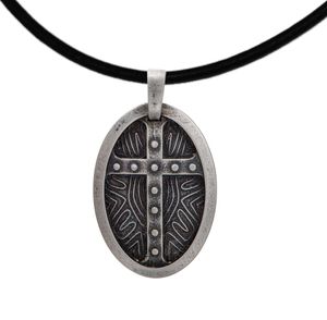 Keltischer Mittelalter Anhänger Schutz-Schild mit Kreuz-Anhänger 925 Sterling-Silber für Herren Mit Lederband  - Länge 38 cm.