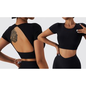 Damen-T-Shirt, offener Rücken, Bauch-T-Shirt mit herausnehmbaren Pads, geeignet für Workouts, rückenfrei, Fitnessstudio, Ausgehen,Schwarz,L
