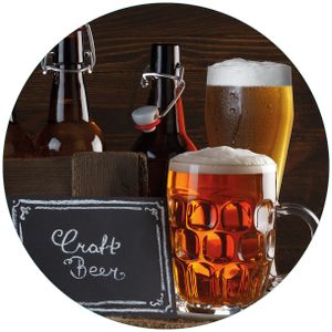 Wallario Premium Glasbild, freischwebende Optik, kräftige Farben, rund 50cm Durchmesser, Motiv Biervarianten - Pils im Glas  Flaschenbier  Schild Craft Beer
