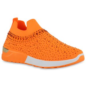 VAN HILL Damen Sportschuhe Slip Ons Sportliche Strick Strass Schuhe 840357, Farbe: Orange, Größe: 37