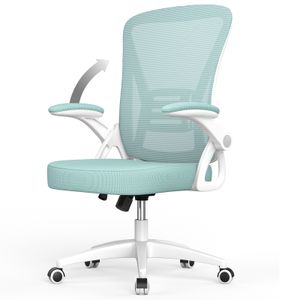Bürostuhl – Ergonomischer Sitz – Sessel mit 90° klappbarer Armlehne – Lordosenstütze – höhenverstellbar - Grün