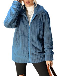 Damen Shaggy Mockt Winter Warm Warmes Festmantel Flauschiger Mit Taschenjacke,Farbe:Navy Blau,Größe:L