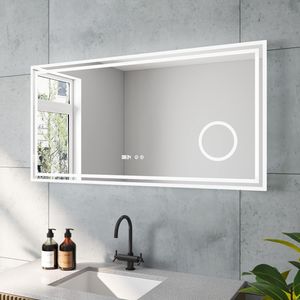 LED Badspiegel 120x60cm Badezimmerspiegel mit Beleuchtung Wandspiegel mit Kosmetikspiegel Uhr Touch-Schalter 3-Fach Vergrößerung Kaltweiß 6400K Beschlagfrei Doppelte Lichtstreifen