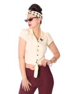 SugarShock Reeva 50s Style retro Binde Bluse schlicht, Größe:L, Farbe:cremé
