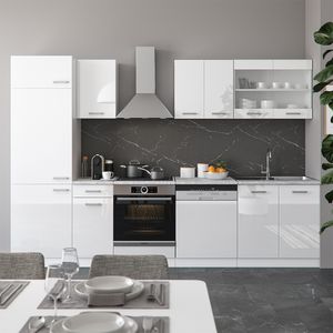 Livinity® Küchenzeile R-Line, 300 cm ohne Arbeitsplatte, Weiß Hochglanz/Weiß