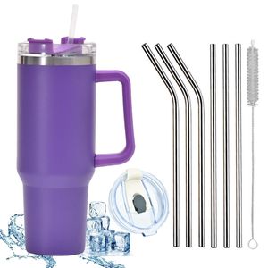 1200 ML Isolierbecher Edelstahl mit Griff 40 OZ Doppelwandiger Kühlbecher Reisebecher Autobecher mit Strohhalm und Auslaufsicher Becherdeckel, lila, 9 Stück, 40 OZ