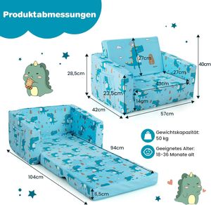 COSTWAY 2 in 1 Kindersofa klappbar, Kindersessel zum Ausklappen mit weichem Samtstoff & Seitentasche, Kindercouch Kinder Klappsofa für Kinderzimmer Spielzimmer, 57 x 42 x 40 cm (Dinosaurier)