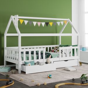 Flieks Kinderbett Kiefernholz Hausbett mit Schornstein und 2 Schubladen Rausfallschutz 90x200cm ohne Matratze