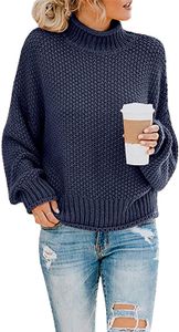 ASKSA Damen Strickpullover Einfarbig Rollkragenpullover Pullover Pulli Knit Sweatshirt, Navy Blau, M