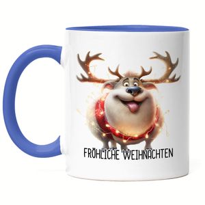 Fröhliche Weihnachten Lustiges Rentier Julklapp Geschenk Tasse Blau Lichterkette Adventsgeschenk