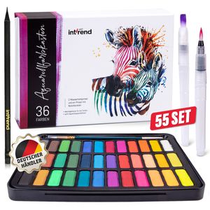 int!rend Aquarellfarbkasten 55er Set, hochwertiges Aquarell-Farben-Set bestehend aus 36 Wasserfarben, 1 Pinsel, 2 Wassertankpinsel, 15 Aquarellpapier, 1 Bleistift - Malkasten für Anfänger und Profis int!rend Aquarellfarbkasten 55er Set, hochwertiges Aquarell-Farben-Set bestehend aus 36 Wasserfarben, 1 Pinsel, 2 Wassertankpinsel, 15 Aquarellpapier, 1 Bleistift - Malkasten für Anfänger und Profis