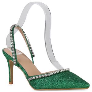 VAN HILL Dámske lodičky Sling Pumps Stiletto Party Rhinestone Glitter Shoes 839461, Farba: zelená, Veľkosť: 40