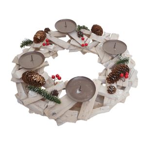 Adventskranz rund, Weihnachtsdeko Tischkranz, Holz Ø 40cm weiß-grau  ohne Kerzen