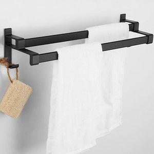 Badezimmer Handtuchhalter, Handtuchregal Schwarz Matt Handtuchstange mit Zwei Handtuchhaltern und Haken-Design, Handtuchhalter Wand, Handtuchhalter Ohne Bohren