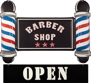 Moritz Blechschild 69 x 64 cm Barber Shop Open Rot Blau Weiß Säule Geöffnet Frisuer Schild Deko Metallschild Retro Vintage Retro Sprüche lustig