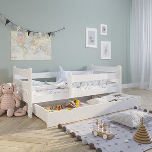 Kinderbett Voll-Holz 160x80 mit Rausfallschutz, Lattenrost & Schublade in weiß Kiefer 80 x 160 Mädchen Jungen Bett Skandi, ohne Matratze