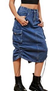 ASKSA Damen Y2K Cargo Roecke Jeans Bleistiftrock High Waist Elegant Kordelzug Midi Rock mit Taschen, Denim, XL