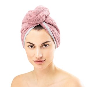HOMELEVEL 2x Frottee Haarturban mit Knopf - Kopf Handtuch Haartuch Turban - 100% Baumwolle schnelltrocknend - 2 Stück - Haarhandtuch in Altrosa