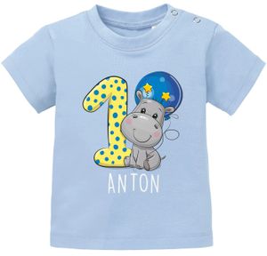 personalisiertes Baby T-Shirt mit Namen Zahl 1 Geburtstagsshirt Nilpferd Tiermotive Junge/Mädchen SpecialMe® hellblau 80/86 (10-15 Monate)