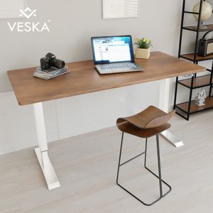 Výškovo nastaviteľný stôl (140 x 70 cm) - Stôl na sedenie a státie - Kancelársky stôl s elektrickým nastavením výšky s dotykovou obrazovkou a oceľovými nohami - biely/antický