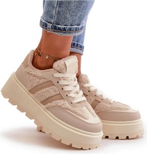 Ocieplane Sneakersy Damskie Na Platformie Z Kożuchem Beżowe Daivlene 39