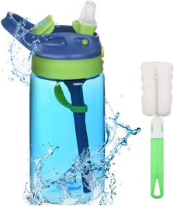 Trinkflasche Kinder Strohhalm, 480 ml Strohhalmbecher für Kinder, BPA-frei Auslaufsicher, Kinderflasche mit Strohhalm für Schule, Kindergarten, Fahrrad - Blau