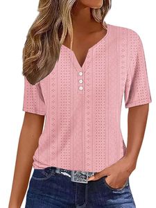 Damen Blusen Plain T-Shirt Sommer Tops Lose V-Ausschnitte Tshirt Lässig Oberteile Rosa,Größe XL