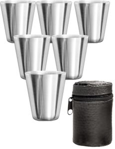 Outdoor Saxx® - 6-Teiliges Edelstahl-Becher, Trink-Becher Set, 4 Schnaps-Becher 30ml und Einfüll-Trichter in Leder-Tasche, ideales Flachmann-Zubehör, unzerbrechlich,