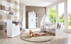 Babymöbel-Set KIM 2 inkl. Bett Kleiderschrank Wickelkommode und 2 Unterbauregalen in weiß