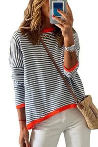 ASKSA Damen Gestreift Pullover Rundhals Langarm Casual Sweater Elegant Strickpullover Sweatshirt, Streifen, XL