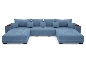 Comfortanza U sofa narożna 360 x 185 cm, sofa z funkcją spania, drewnianą półką i poduszkami, sofa narożna z podstawą do spania, w kształcie litery U do salonu w kolorze niebieskim