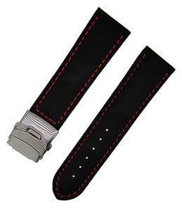 Uhrenarmband echt LEDER schwarz mit roter NAHT 26mm Faltschließe