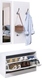 HOMCOM Eingangsbereich, Flur, M?bel-Set, 3-teilig, Schuhregal, Spiegel, Garderobe mit 4 Haken zum Aufh?ngen von Kleidung, 80 x 27 x 46,5 cm, Wei?