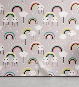 ABAKUHAUS Regenbogen abziehbare & klebbare Tapete für Zuhause, Surreal Wolken Regenbogen-Stern, selbstklebendes Wohnzimmer Küchenakzent, 33 cm x 90 cm, Mehrfarbig