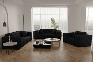 Couchgarnitur Chesterfield mit hochwertiger Knopfheftung MORENO - Polstergarnitur Set 3+2+1 Steppung Wellenfedern (Farbe: schwarz)