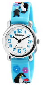 Excellanc Kinder Armband Uhr Weiß Blau Pinguin Motiv Lernuhr Jungen Mädchen