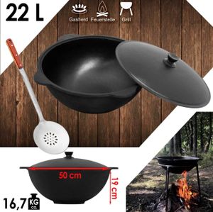 Gusseisen Kasan 22L eben NAMANGAN Deckel Campingtopf Kazan WOK Kessel Camping BBQ Asia Schaumkelle