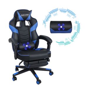 Puluomis Gaming Stuhl Massage Bürostuhl Chefsessel ergonomisch, Racing Gamingstuhl, höhenverstellbarer Computerstuhl Drehstuhl mit Fußstütze 150Kg (Schwarz& Blau)