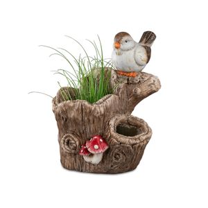 Formano Pflanzgefäß Baumstamm 36 cm mit Vogel naturfarben Dekoration Figur