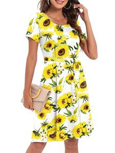 Damen Baggy Kurzarm Sommerkleid Frauen Urlaub einfarbiges Midikleid mit Schnürung,Farbe: Gelb,Größe:2XL