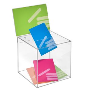 Losbox aus Acrylglas in 200x200x200mm mit Topschild DIN A5 Quer - Zeigis® / Spendenbox / Aktionsbox / Gewinnspielbox / transparent / durchsichtig / Acryl