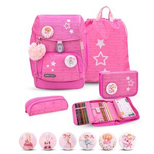 Belmil Premium ergonomischer Schulranzen Set 5 -teilig für Mädchen Für kleine Kinder, Erstklässler mit Patch Set/Brustgurt, Hüftgurt/Magnetverschluss/Rosa (405-73/P/S Candy)