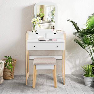 Toaletný stolík COSTWAY s čalúnenou stoličkou, toaletný stolík s borovicovými nohami, kozmetický stolík s 3 zásuvkami, toaletný stolík biely, kozmetický stolík s nastaviteľným zrkadlom