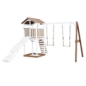 AXI Beach Tower Spielturm aus Holz in Braun & Weiß | Spielhaus für Kinder mit weißer Rutsche, Doppelschaukel und Sandkasten | Stelzenhaus für den