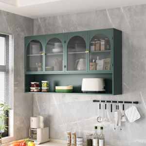 MODFU  Wandschrank Hängeschrank Sideboard  aus Glas mit 4 Türen, Wandmontage, geeignet für Küche, Wohnzimmer, Badezimmer, Grün
