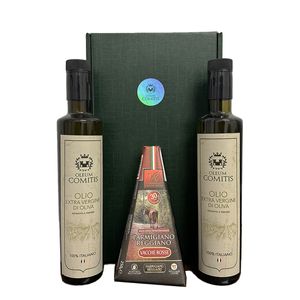 Oleum Comitis - Extra panenský olivový olej 100% taliansky - Darčeková krabička s 2 x 500 ml fľašami a Parmigiano Reggiano DOP Vacche Rosse 30 mesiacov