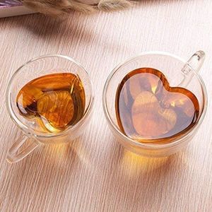 2 Stück / Set Herzförmige Doppelwandige Isolierglas-kaffeetassen Oder Teetassen, Doppelwandiges Glas Mit Griff Isoliert（240 ml + 180 ml)