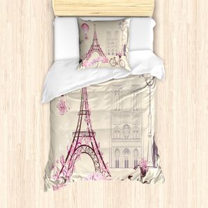 ABAKUHAUS Paris Bettbezug Set für Einzelbetten, Blumen Paris Symbol Eiffel, Milbensicher Allergiker geeignet mit Kissenbezug, Elfenbein und Puder Rosa
