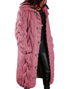 Damen Wollmäntel lang Ärmeln Strickjacke Pullover Winter warm warm offene Front Outwee lässige Einfarbige Mantel, Farbe:Wassermelonenrot, Größe:M