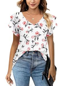 Damen Blumendruck T-Shirt Urlaub V-Ausschnitt Nacken Sommertops Mode Basis Spring Top Weiß,Größe XL